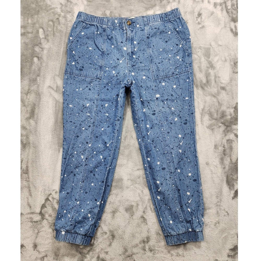 Style&Co Pants Womens L Blue Paint Splatter Denim Jogger‎ Crop Ankle Tapered